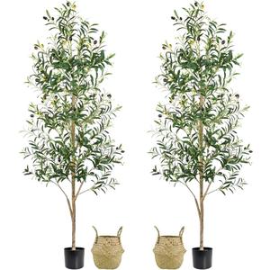 Faux Olive Tree 6FT, Artificial Potted Tree with Planter, Silk Plants Indoor Outdoor, Lifelike Olive Plants with Natural Wood Trunk, Fruits and Buds, Home Office Decor, 2 Pack