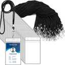 100Pcs Clear Plastic Vertical Name Tag Badge ID Card Holders and 100Pcs Black Neck Lanyards with Swivel Hook for School, Office, Business