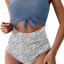 Eomenie Women's One Piece Swimsuit Tummy Control Slimming Bathing Suit Cutout Tie Knot Swimwear (X-Large, Gray Blue Print)