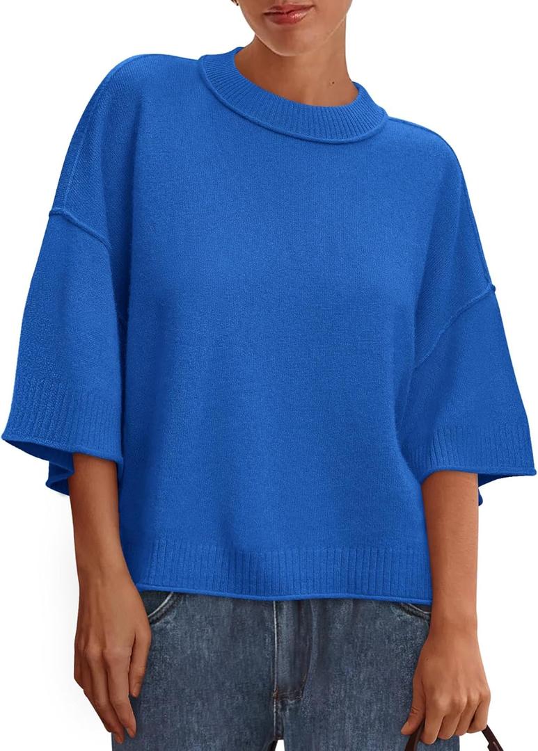 BTFBM Womens Short Sleeve Tops 2025 Summer Casual Crew Neck Oversized Sweater Solid Color Ribbed Knit T Shirts (Blue, XL)