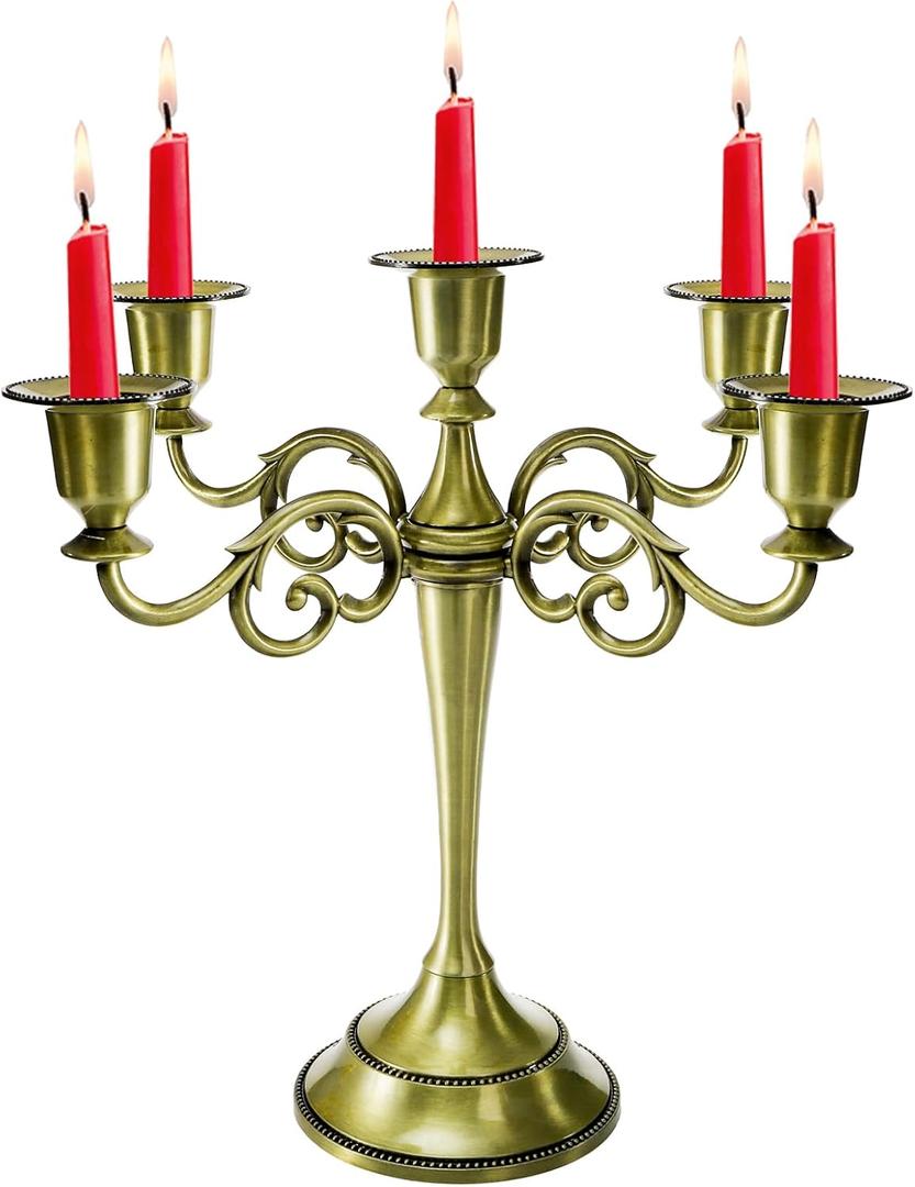 YOUEON 5 Arm Brass Candelabra, Candelabra Candle Holder, 10 Inch Tall Candlesticks Holder, Elegant Taper Candle Holder Centerpiece for Wedding, Church, Halloween, Dining, Home Decor
