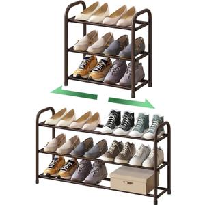 Expandable Shoe Rack for Closet, 3-Tier Shoe Organizer for Closet, Metal Adjustable Black Shoe Shelf Storage Organizer, Free Standing Shoe Rack for Entryway (Brown)