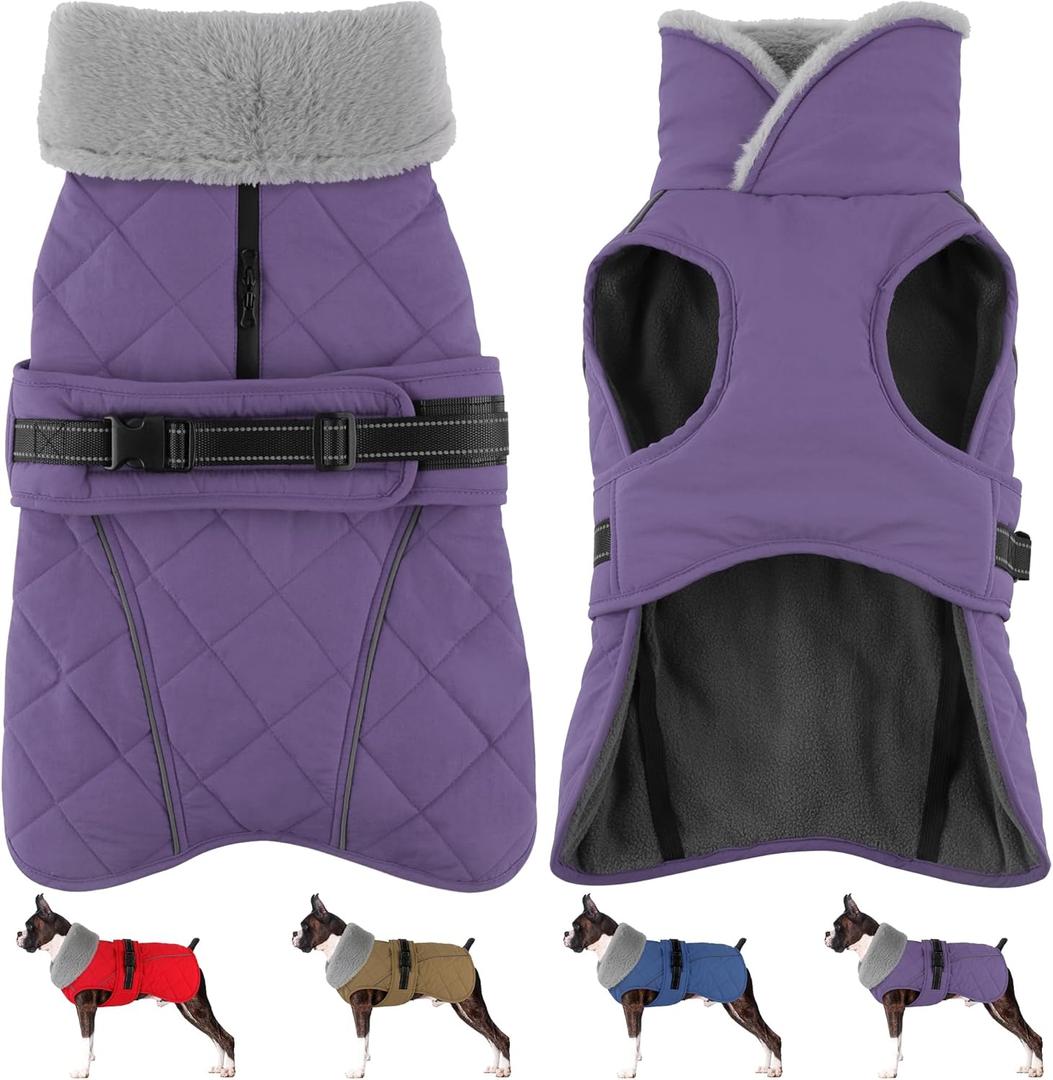 Dog Coat, Waterproof Dog Winter Jacket with Adjustable Buckle, Reflective Turtleneck Pet Snow Vest Warm Fleece Sweater for Small Medium Large Dogs - Purple, S