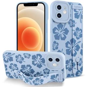 Fiyart Designed for iPhone 12 Case Cute Flowers with Strap Soft TPU Phone Cover Protective Camera Lens Protection for Women Men Floral Bumper with Stand 6.1"-Blue