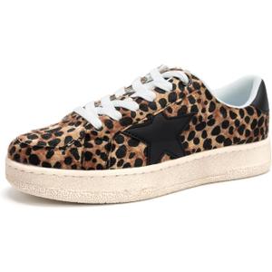 Niluber Star Sneakers for Women Low Top Comfortable Cushioned White Gold Sliver Leopard Platform Sneakers Lace Up Red Glitter Platform Party Shoes (8)