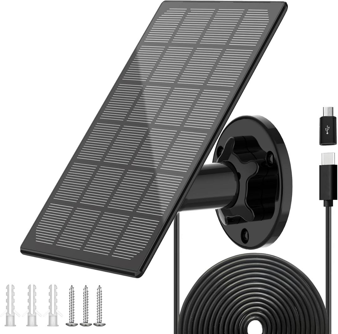 Solar Panel for Outdoor Camera, IP66 Waterproof Solar Charger, Continuous Solar Power Supply for Security Cameras, with 10ft Cable Type-C Port & Micro USB Adapter Solar Panel, 360 Adjustable Bracket