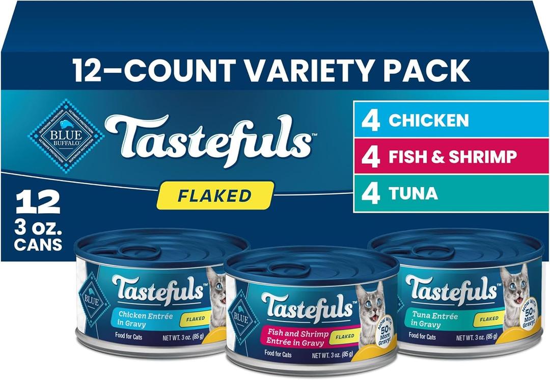 Blue Buffalo Tastefuls Natural Flaked Wet Cat Food Variety Pack, Tuna, Chicken, Fish & Shrimp Entrées in Gravy 3-oz Cans, BB Feb 16 2028