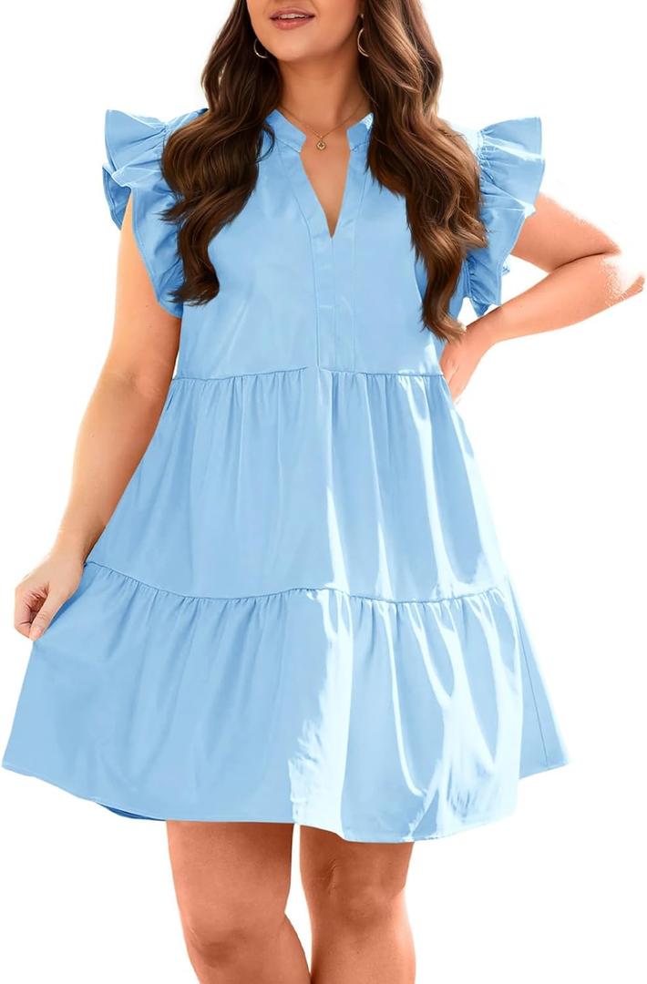 Fisoew Plus Size Dresses for Women Summer Ruffle Short Sleeve V Neck Dress Tiered Swing A Line Babydoll Mini Dress, 4xl, Blue