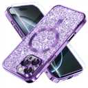 Misea Magnetic for iPhone 16 Pro Max Case Compatible with MagSafe [Military Grade Drop Protection] Full Camera Lens Protector Plating Glitter Soft Phone Case for Women Girls 6.9 inch, Purple
