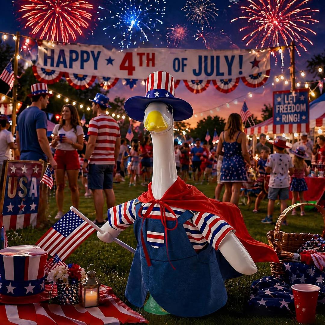 4th of July Porch Goose Outfits, Patriotic Goose Clothes for 23" Goose Statue, Independence Memorial Day Goose Costume with Funny Patriotic Cape for Front Yard, Lawn, Outdoor Patio 250th Anniversary