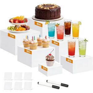 6 Pcs Acrylic Buffet Risers, 3x4x5x6x7x8 Inch Food Risers for Buffet Table, Catering Dessert Cake Holder for Party, Collectibles Jewelry Display Shelf, Stackable Cube Boxes Display with Hollow Bottoms