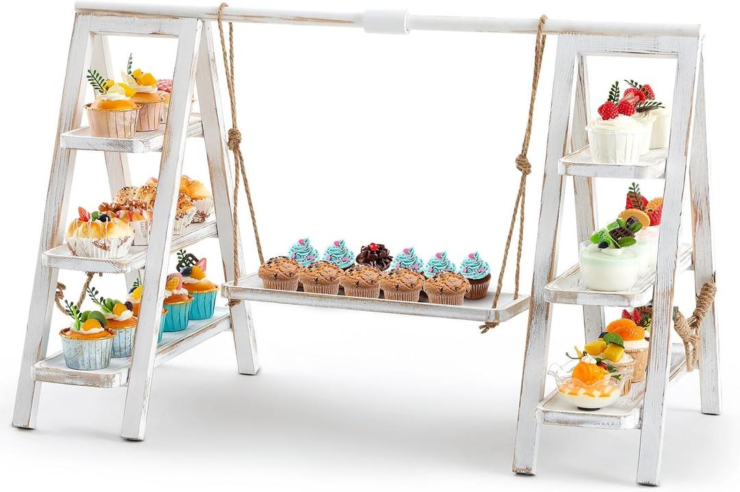 Wooden 3 Tier Swing Cupcake Stand with Serving Platter 20x30 Foldable Ladder Stand Dessert Display Cake Snack Fruit Bread Centerpieces for Party, Birthday, Wedding, Baby Shower(Rustic White)