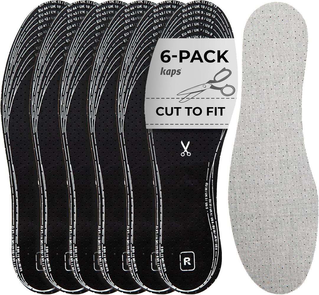 6 Pair Pack Anti Odour Shoe Insoles Set with Odor Eating Charcoal | Shoe Inserts | Kaps Odour Stop | Cut to Size