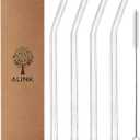 ALINK Glass Smoothie Straws, Reusable Clear Bent 9 in X 10 mm Drinking Straws, Set of 4 with Cleaning Brush