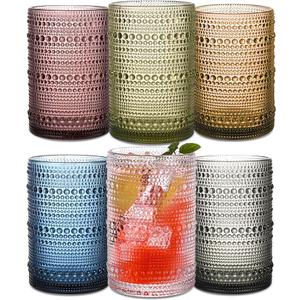 Colored Hobnail Drinking Glasses Set of 6, 15 oz Vintage Highball Glasses, Drinkware Kitchen Glasses for Cocktail, Iced Coffee, Beer, Ice Tea, Wine, Whiskey, Water