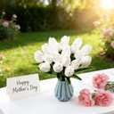 28 Pcs PU Faux Silk Artificial Tulipanes 13.5 Inches - Simulation Flowers for Spring Easter Celebration Mothers Day Brunch Table DecorWhite