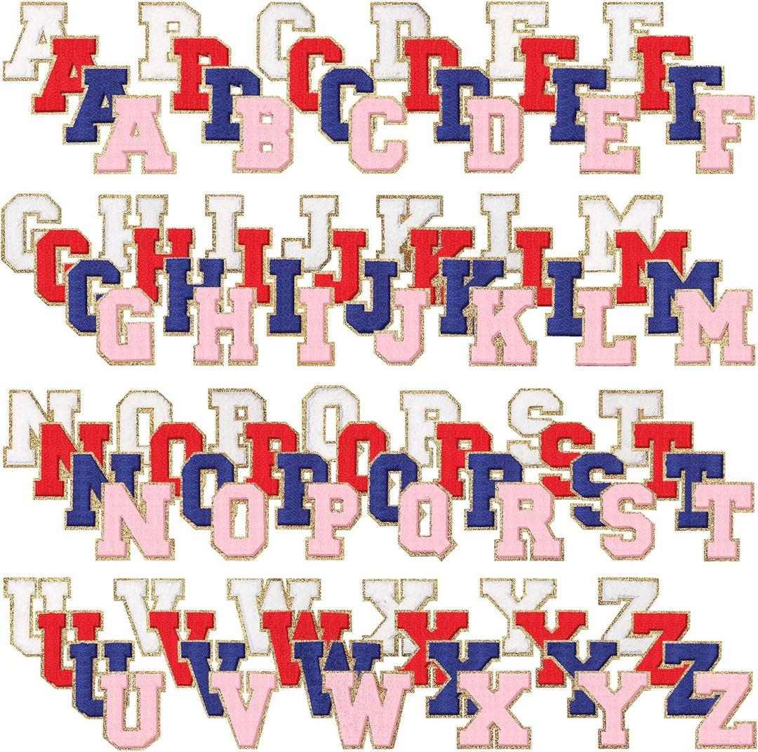 104 Pcs Wedding Iron on Letters Patches Chenille A-Z Repair Alphabet Applique Patches Bride Embroidered Letter Sew on with Gold Border for Bags Shirts(2.36'',Bright Color)