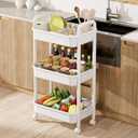 JOYZAN 3 Tier Rolling Carts with Wheels, Utility Cart with Handle and Locking Caster, Storage Cart for Kitchen, Office, Bedroom, Suitable for Diaper, Art Tools, Snack, Craft Storage Cabinet, White