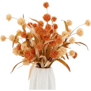 Artificial Bush Mini Ball Flowers, Faux Billy Button Thistle Globe Echinops Bouquet Floral, Fake Silk Greenery Plants for Home DIY Decor,A Pack of 2,Apricot and Coral Gold