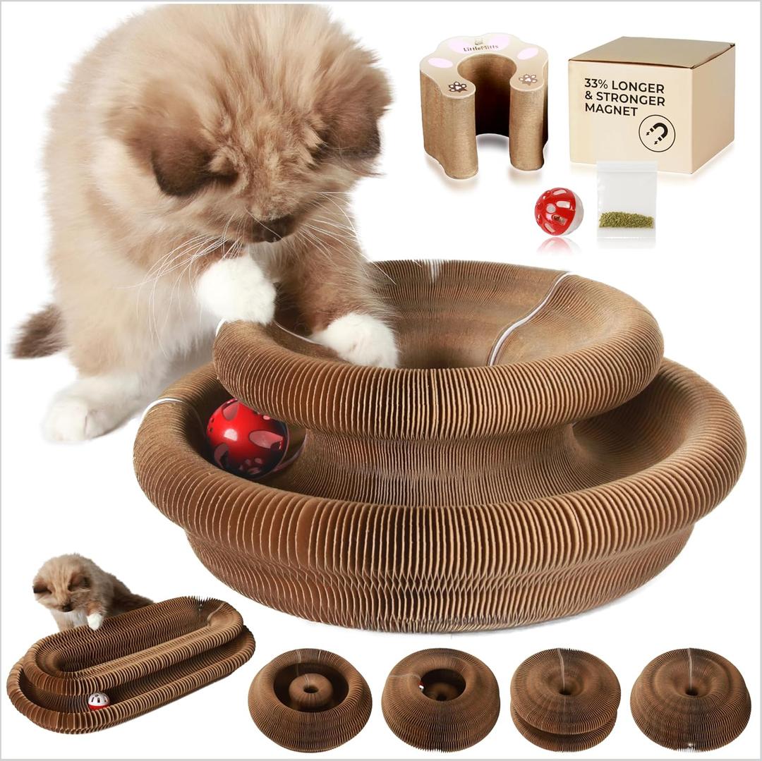 Magic Organ Cat Scratcher Board Toy with Bell Ball and Catnip - Longer, Stretchier Accordion Cardboard Scratching Pad with 4 Strong Magnets - Interactive Fun and Enrichment for Indoor Cats (1-pack)