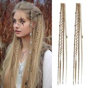 REECHO Clip in Braid Hair Extensions for Women, 20" Boho Dreadlock Clip in Braids with Beads & Charms, 2PCS Synthetic Braided Hairpieces for Cosplay Daily, Medium Blonde with Light Blonde