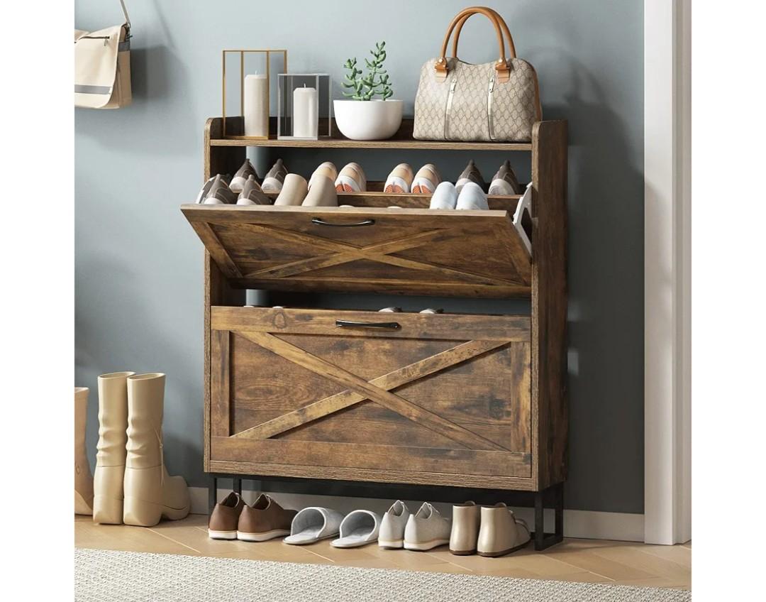 Maupvit Shoe Storage Cabinet with 2 Flip Drawers, Freestanding Shoe Organizer with Metal Legs for Entryway, Narrow Shoe Rack Cabinet, Rustic Brown