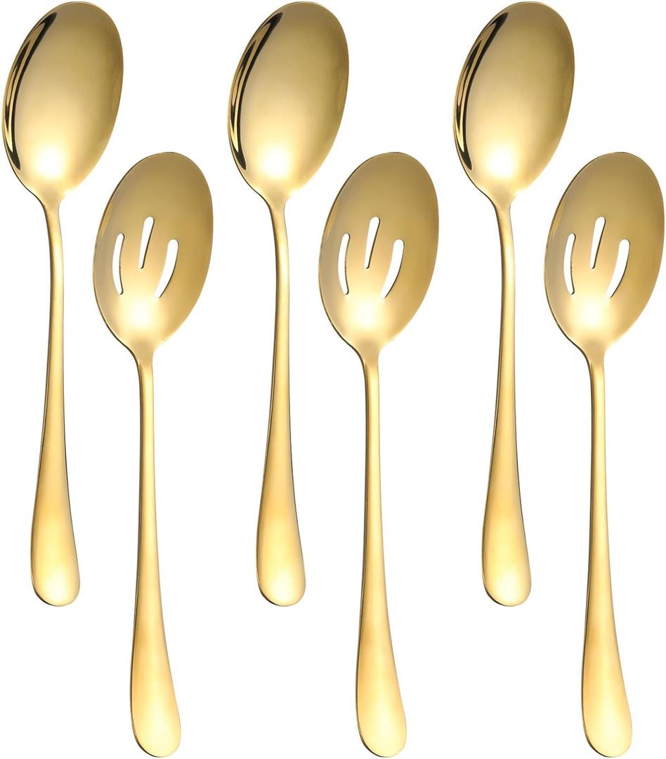 6 Pieces Serving Spoons Set, 8.7 Inch Serving Spoon, Includes 3 Server Spoon and 3 Slotted Spoons, Stainless Steel Buffet Banquet Large Utensils Cutlery Set for Kitchen, Gold