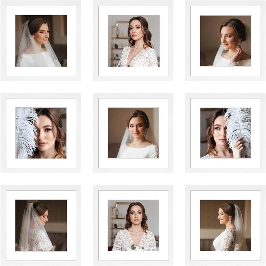 10x10 Picture Frame Set of 9, Display Pictures 8x8 with Mat or 10x10 without Mat, Multi Collage Gallery Square Photo Frames for Wall or Tabletop, White