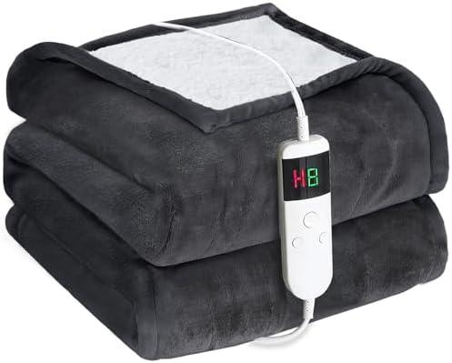 Electric Heated Blanket Throw Size 50''x60''-Control Heating Blanket, Soft & Warm Flannel 10-Level Temperature Control, 8 Hours Auto Off, Rapid Heating & Overheat Protection