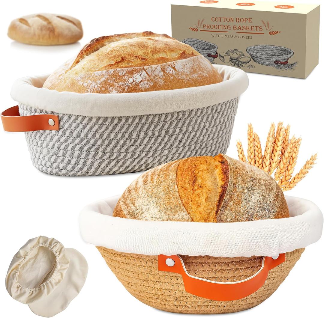 Banneton Bread Proofing Basket  9" Round & 10" Oval Handmade Cotton Rope Sourdough Proofing Basket Bread Baking Supplies with Liner & Cover Perfect for Sourdough & Artisan Bread Set