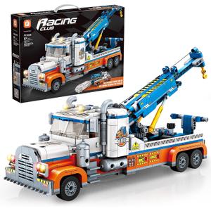 Tow Truck Building Block Set,Road Rescue Vehicle with Crane Toy Model Building Kit,City Crane Construction Vehicles Building KIt,Gifts for Kids Ages 6+