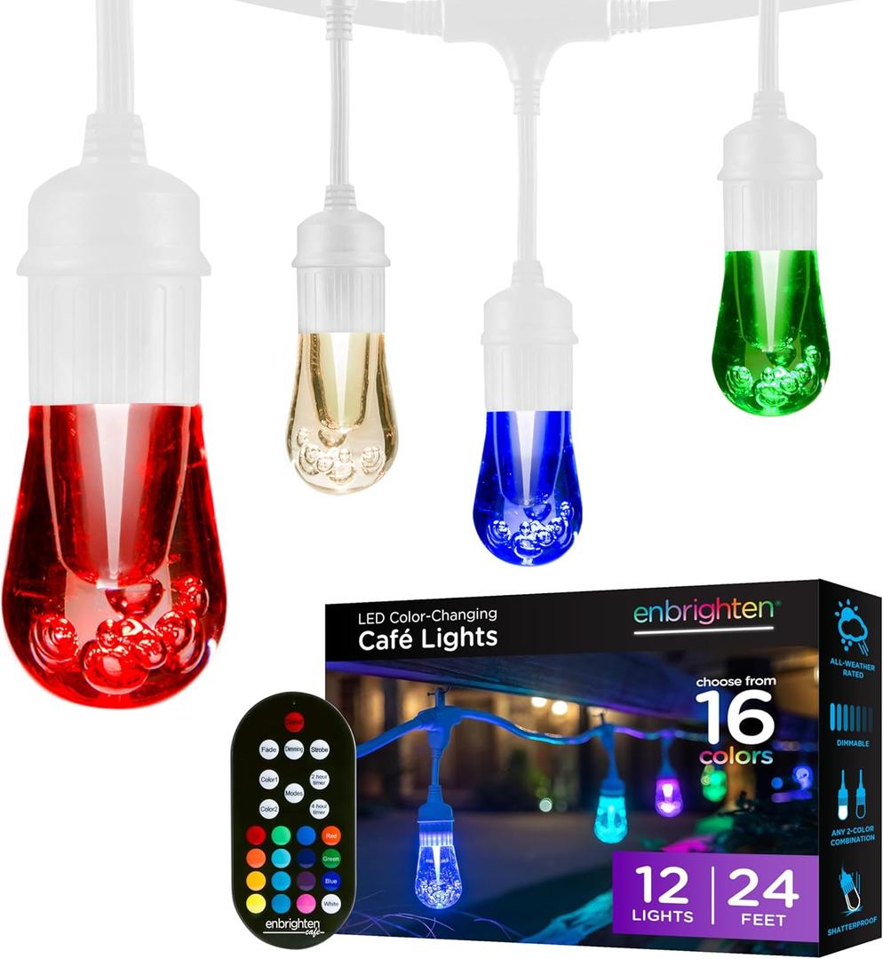 Enbrighten Premium Color Changing String Lights, 24ft White Cord, 12 Shatterproof Acrylic Bulbs, Weatherproof, Remote Control, Dimmable RGB LED, Outdoor String Lights, 39511