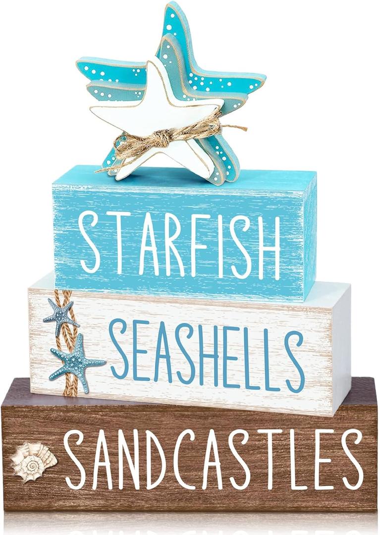 4 Pcs Beach Summer Table Decor Starfish Seashell Coastal Wooden Block Sign Ocean Tiered Tray Decor Farmhouse Table Centerpieces Rustic Nautical Decorations for Home Office Desk Shelf Mantel