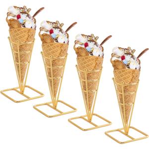 Single Metal Gold Ice Cream Cone Holder Stand, Individua Waffle Cone Holder Sushi Hand Roll Stand for Standard Size Ice Cream Cones Appetizer Charcuterie Cones, Sugar Cones, Sushi (4 Pack)