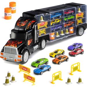 Toy Truck Car Carrier - Includes 6 Toy Cars and Accessories, Fits 28 Toy Car Slots - Great Gift for Boys and Girls - Original - By Play22