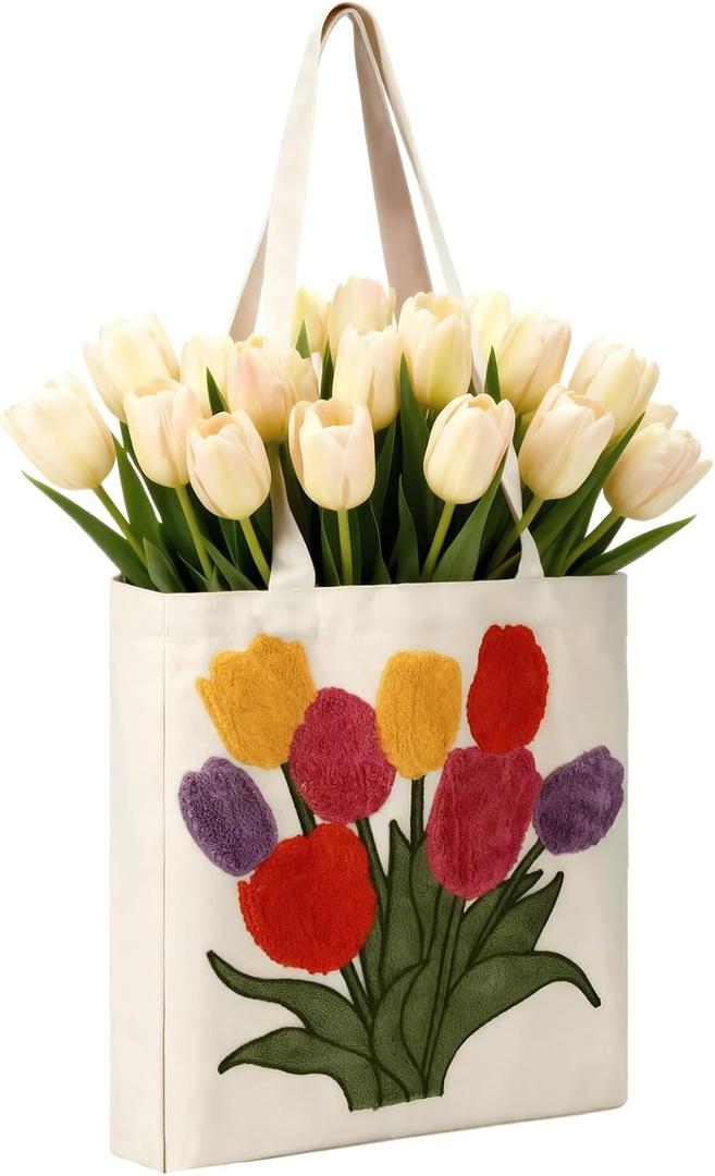 Sadnyy Embroidery Spring Tote Bag for Women Cute Canvas Floral Tote Bag Aesthetic Tulip Reusable Grocery Bags with Handles for Shopping Grocery Beach Book Gift Gym Spring Decor
