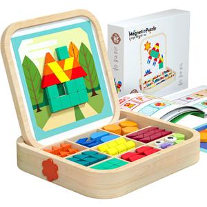 288 PCS Wooden Magnetic Pattern Blocks Set Montessori Tangram Puzzle with Pattern Cards & Storage Bag | Preschool Montessori Brain Teaser, STEM Gift for 3-8 Years Old Toddler Kids