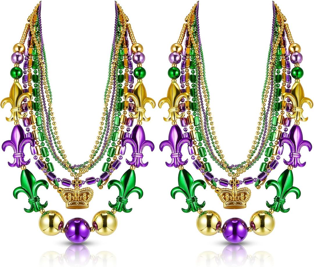 Henoyso 2 Set 50" Jumbo Mardi Gras Beads Necklaces Lighted/unlighted Assorted Costume Necklace Metallic Necklace Party Mardi Gras Decoration for Festival Parades Celebrations Carnival(Crown)