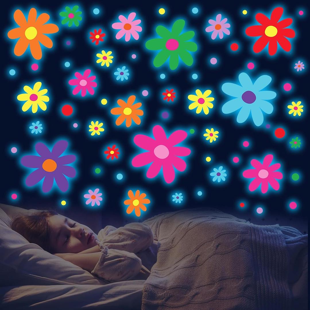 Glow in The Dark Big Daisy Wall DecalsGlowing Luminous Daisy Wall Stickers Colorful Removable self-Adhesive Boho Flower Decals for Girls Bedroom Kids Baby Nursery Living Room Decor