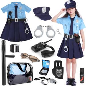 deAO Police Costume for Girls Police Officer Costume Pretend Play Accessories Role Play Cop Costume Accessories for Kids (Blue, L)