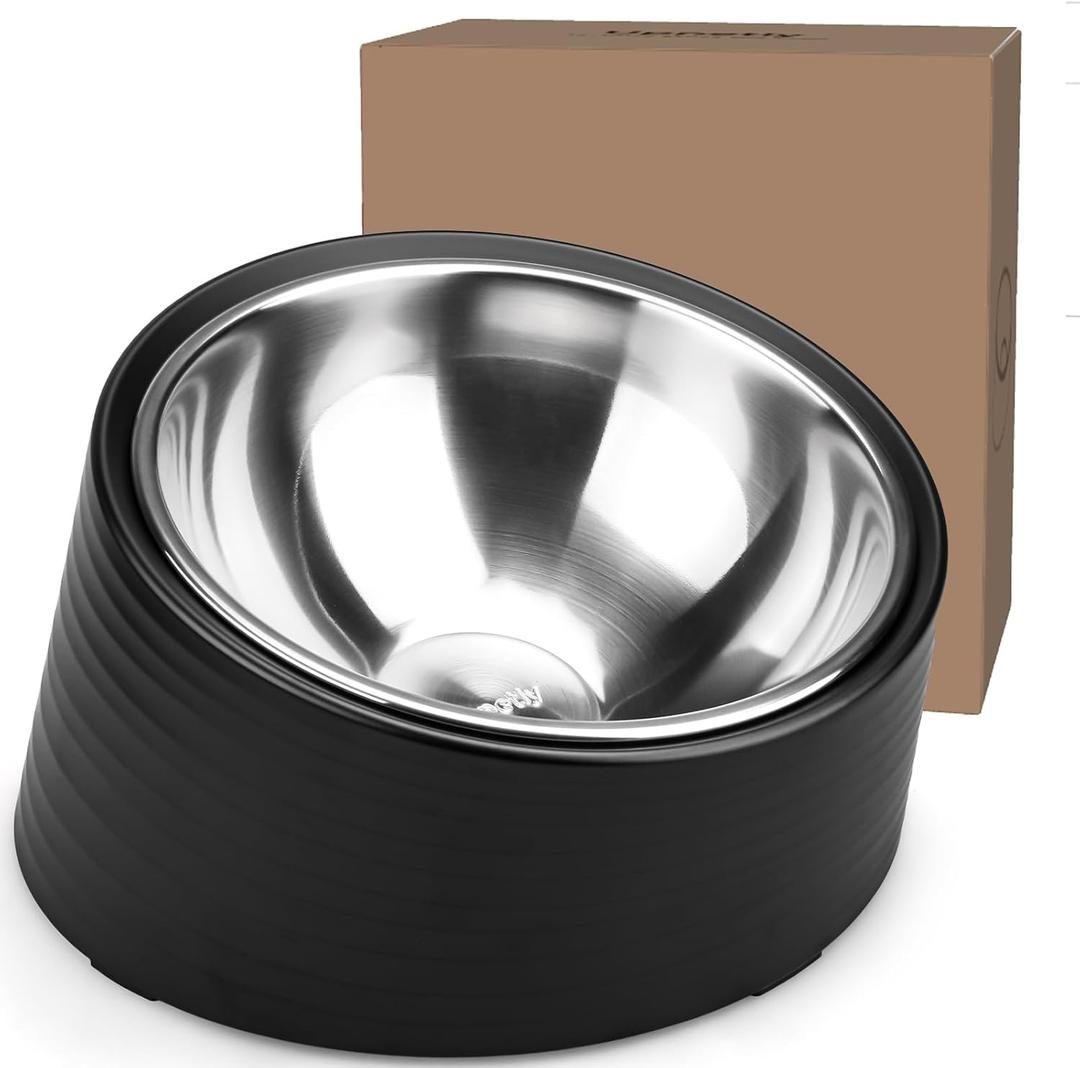 Tilted Angle Dog Bowl, 15 Slanted Stainless Steel Dog Cat Food Bowl, Non-Slip & Non-Spill Pet Feeder with Elevated Detachable Melamine Stand, Easy to Get Food Dish, Large 2 Cup Black