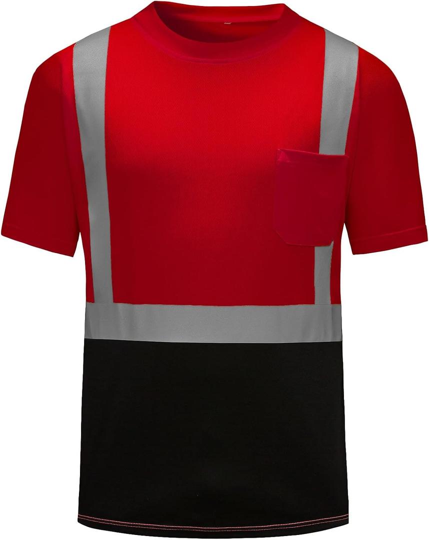 High Visibility Shirts Quick Dry Safety T Shirts with Reflective Strips and Pocket Short Sleeve Mesh Hi Vis Construction Work Class 2 Shirt for Men/Women Black Bottom Red, XX-Large