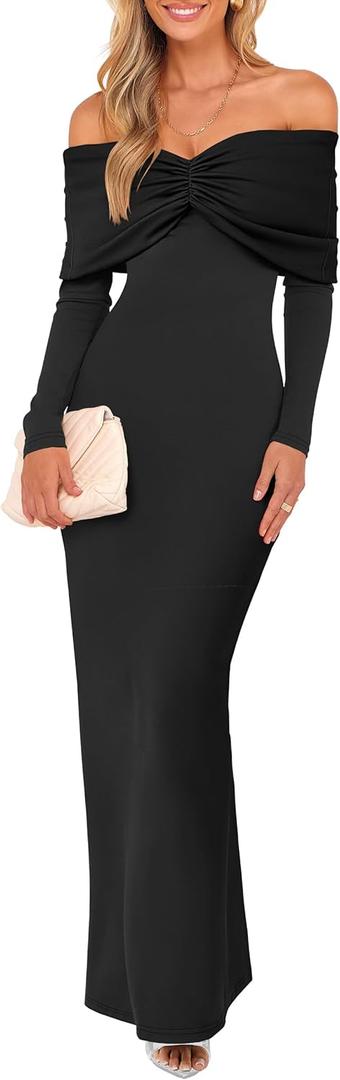 Caracilia Womens Off The Shoulder Bodycon Maxi Dress Fall Sexy Elegant Long Sleeve Ruched Club Party Formal Cocktail Dresses (Medium, Black)