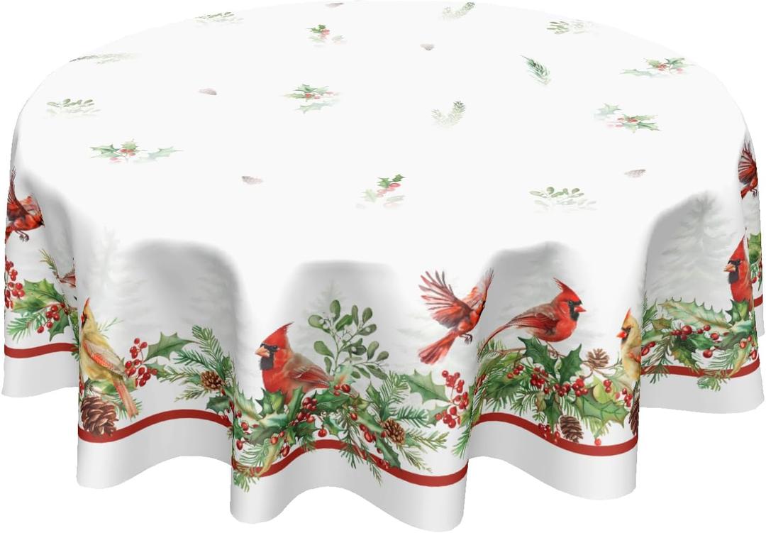 Kawani Winter Holly Tablecloth Round 60 Inch Christmas Red Birds Watercolor Trees Leaves Decorative Table Cloth Xmas Holiday Polyester Table Cover for Dining Room Home Christmas Table Decor