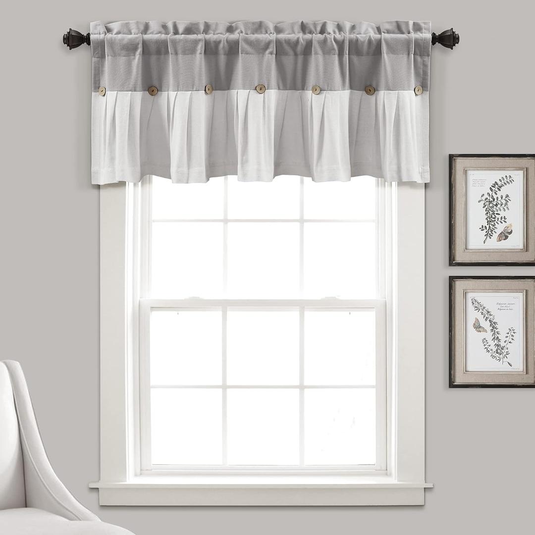 Lush Decor Linen Button Farmhouse Valance, 52" W x 18" L, Gray & Off-white - Kitchen Curtains Valances, Rustic Color Block Design With Husk Button