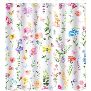 Preboun Spring Flower Shower Curtains for Bathroom Floral Plant Shower Curtain with 12 Hooks Watercolor Polyester Fabric Shower Curtain for Home Bathroom, Machine Washable, 72 x 72 Inch