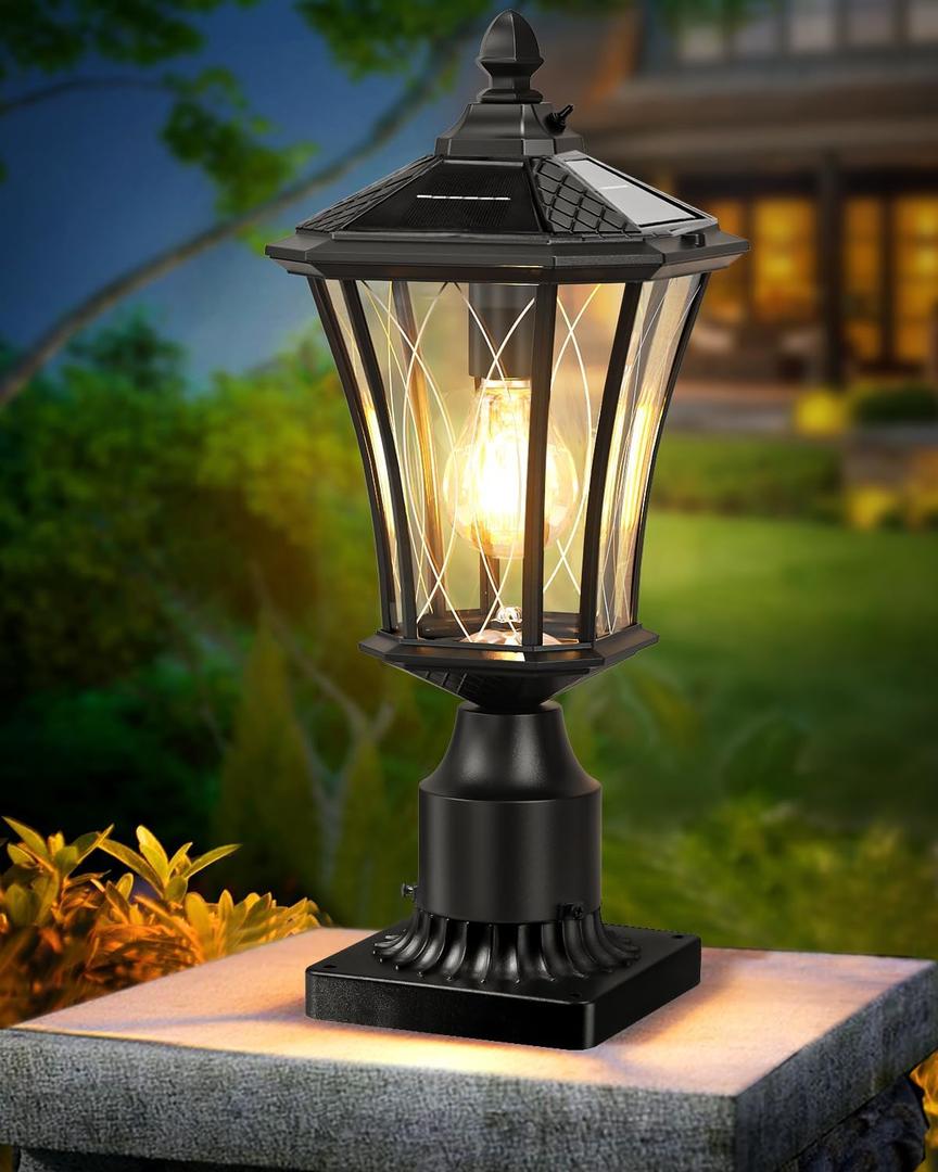 YSN 16" Solar Post Lights Outdoor, Dusk to Dawn Outdoor Post Lights with Pier Mount Base, Black Solar Lamp Posts Light Fixture, Waterproof Light Posts for Outside Yard Garden Patio, 1 Pack