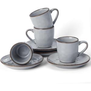 famiware Ocean Espresso Cups with Saucers Set of 4, 3.34oz Espresso Cup Set, Coffee Mug Set for Latte, Macchiato, Stoneware Demitasse Cups Set for Cafe, Microwave&Dishwasher Safe, Gray