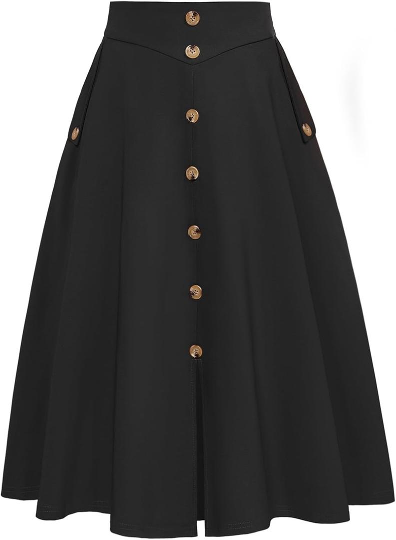 Belle Poque Womens Midi Skirt High Waist A Line Skirts Button Front Slit Flared Skirt Vintage Skirts with Pockets (Black, S)