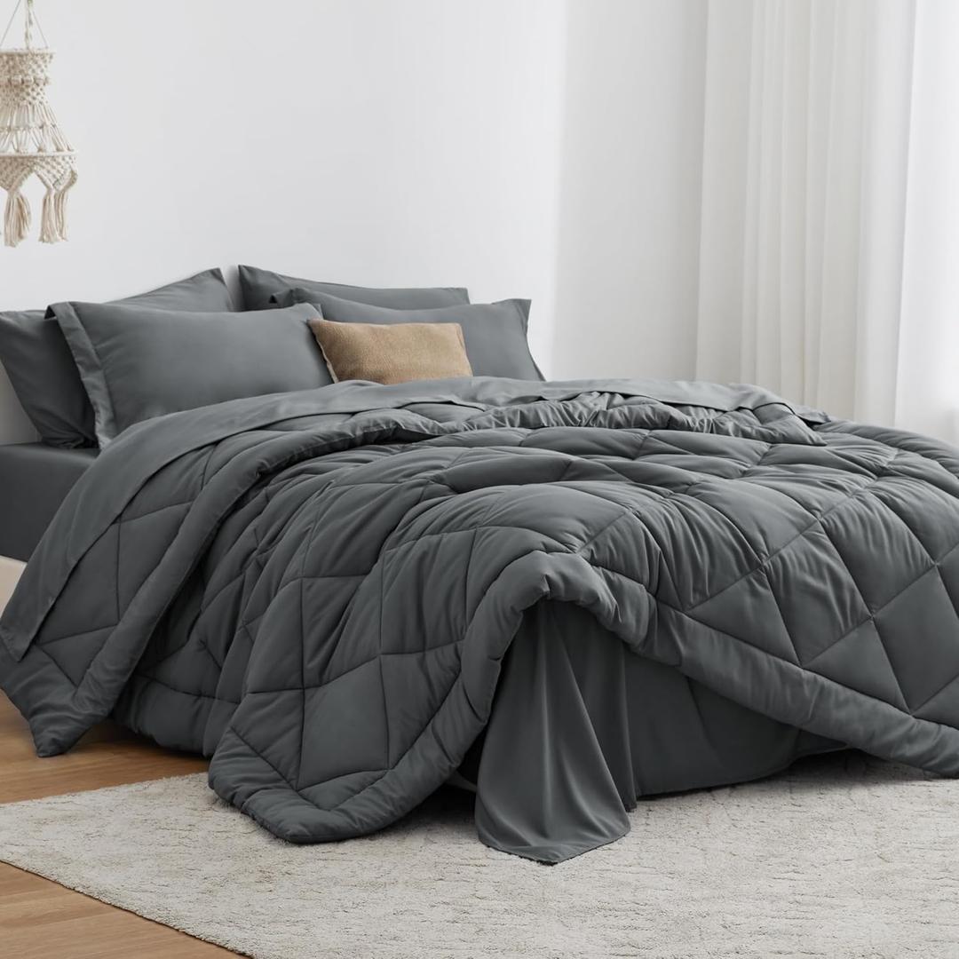 Love's cabin King Size Comforter Set Dark Grey, 7 Pieces King Bed in a Bag, All Season Bedding Sets with 1 Comforter, 1 Flat Sheet, 1 Fitted Sheet, 2 Pillowcase and 2 Pillow Sham